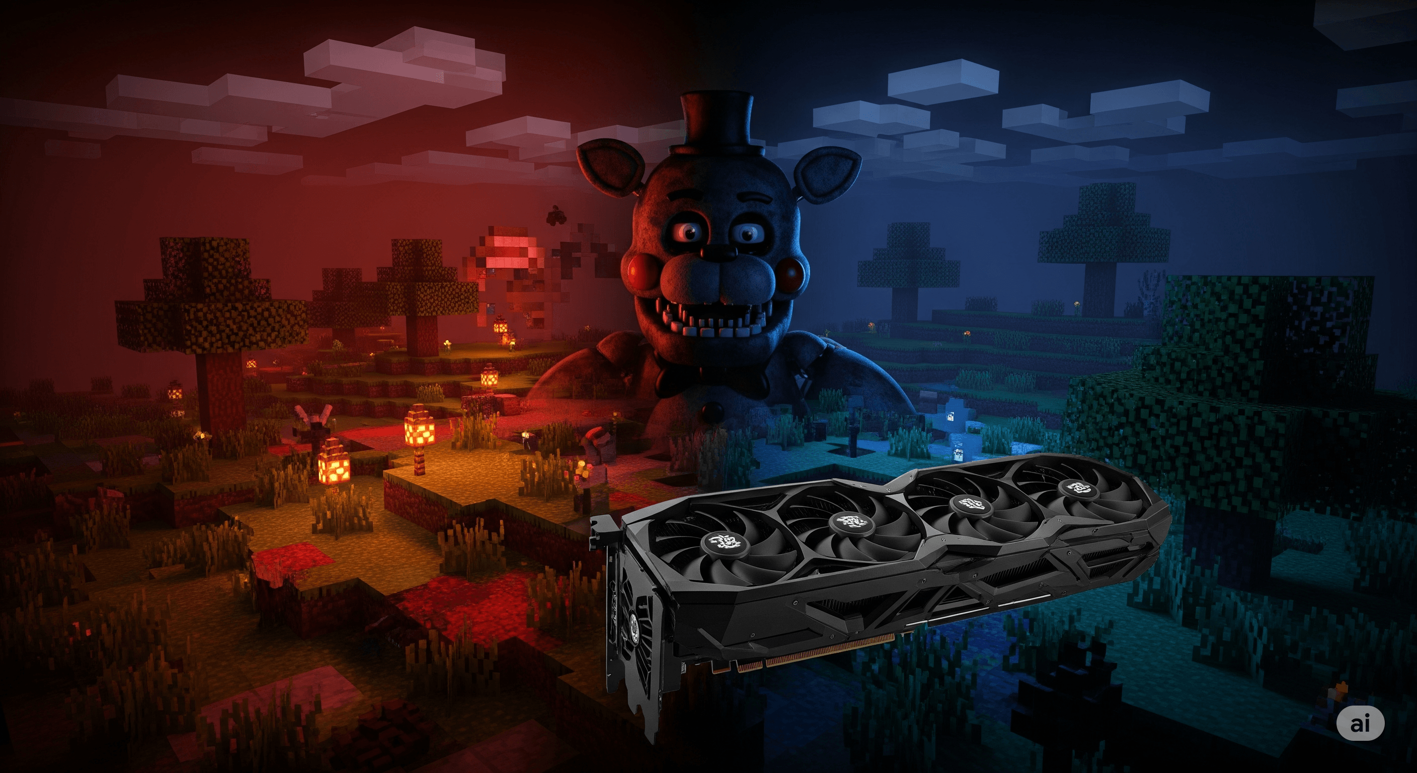Herói com Freddy Fazbear em um mundo de blocos e placa de vídeo